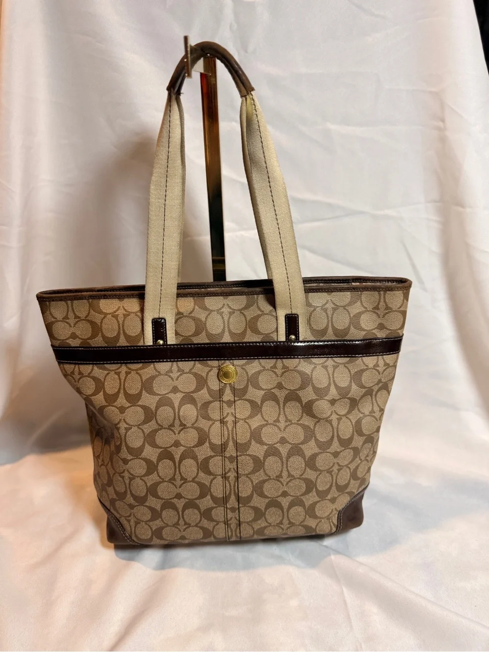 Coach Beige Signature Canvas Tote with Brown Trim and Red Logo